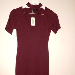 Maroon Ribbed Short Sleeve Dress